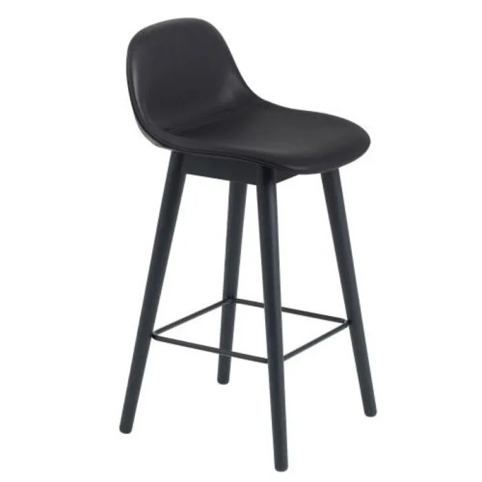 Dagaanbieding muuto Fiber Backrest Wood leren barkruk-Zwart-Zithoogte 65 cm