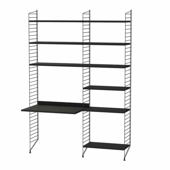 Beperkt Aanbod String bureautafel met planken combinatie 2-Zwart-Zwart essen