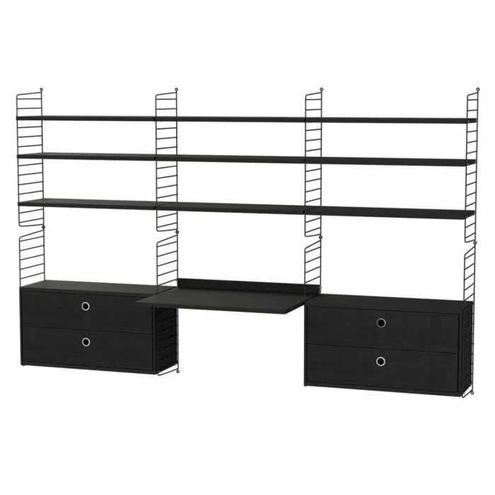 String bureautafel met planken combinatie 4-Zwart-Zwart essen Gratis Retour