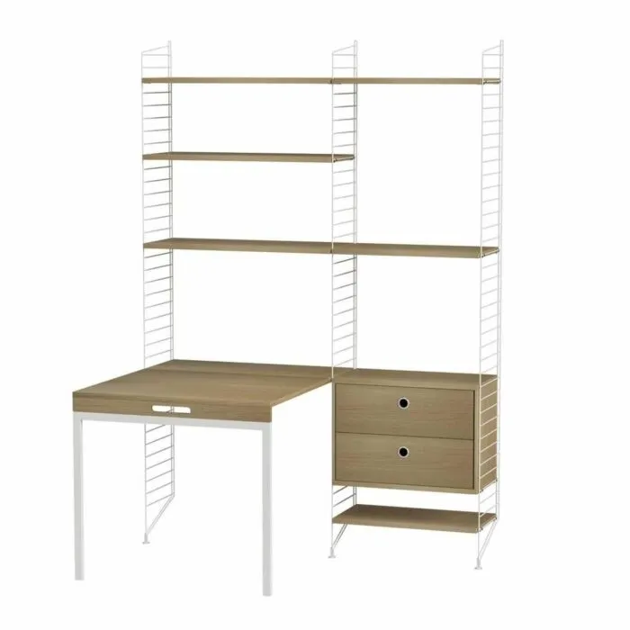 Gereduceerde Prijs String bureautafel met planken combinatie 6-Wit-Eiken