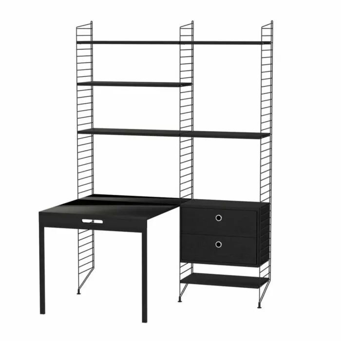 String bureautafel met planken combinatie 6-Zwart-Zwart essen Speciale Aanbieding