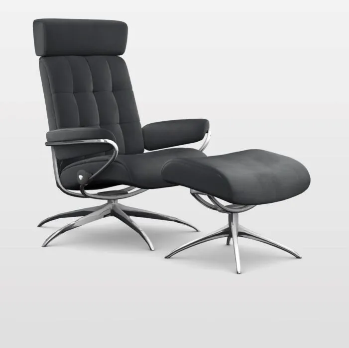 Stressless London met hoofdsteunen relaxfauteuil met hocker-Paloma Black-Chroom Fabrieksprijs