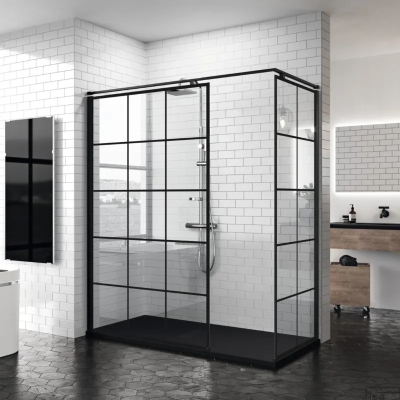 Inloopdouche Novellini Kuadra H Squares 160x200 cm Helder Glas Mat Zwart Raster Betrouwbaar