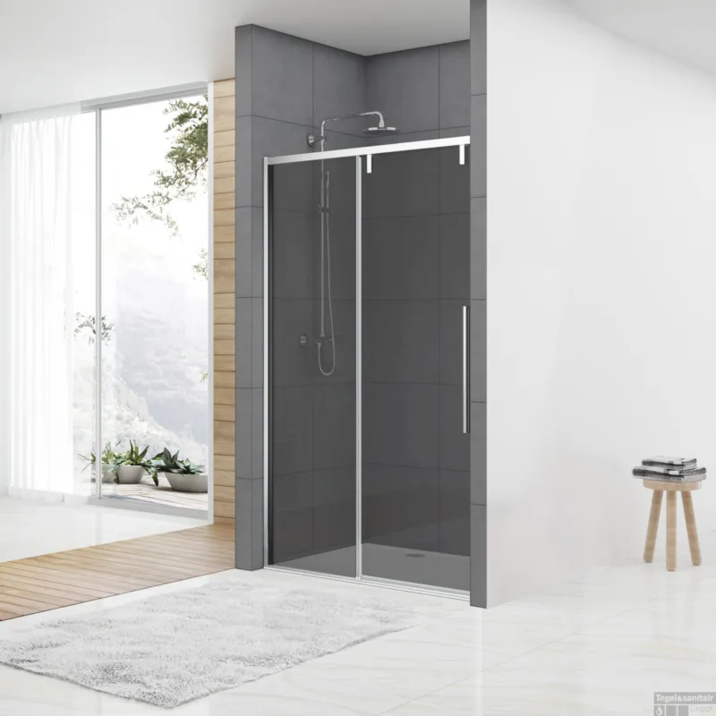 Nisdeur Van Rijn ST06 Schuifdeur Met Vaste Wand Rookglas 120x200 cm 8 mm Soft Close Chroom Beperkte Voorraad