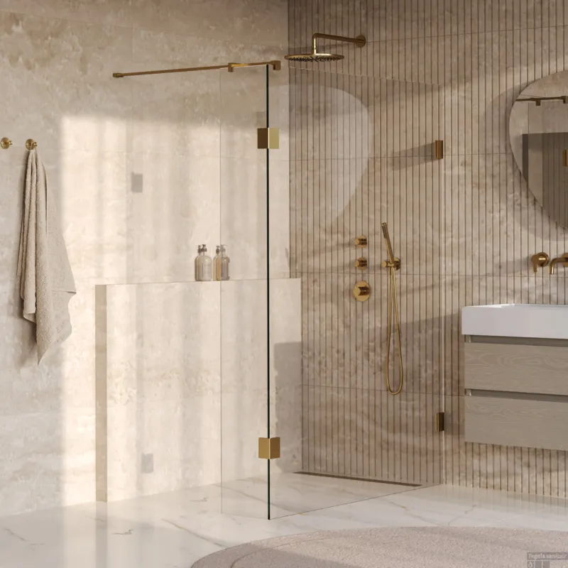 Direct Beschikbaar BRAUER Void inloopdouche helder glas 130x200 met 30 zijwand incl. glascoating PVD goud geborsteld