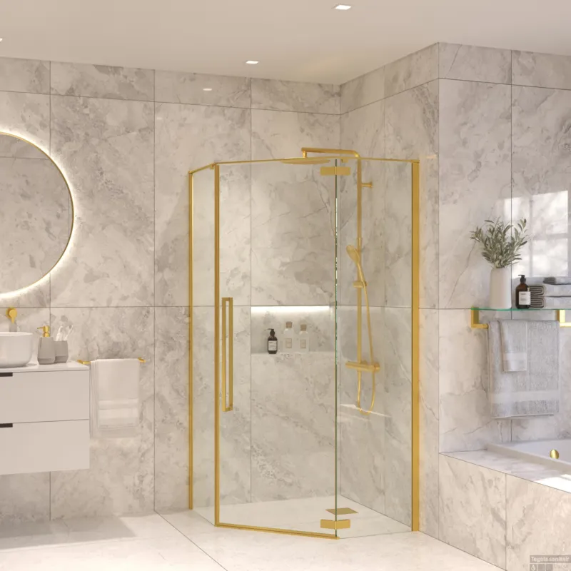 Vijfhoekige Douchecabine Sanivo Vigo 90x90x200 cm Geborsteld Messing Goud Voordeelprijs