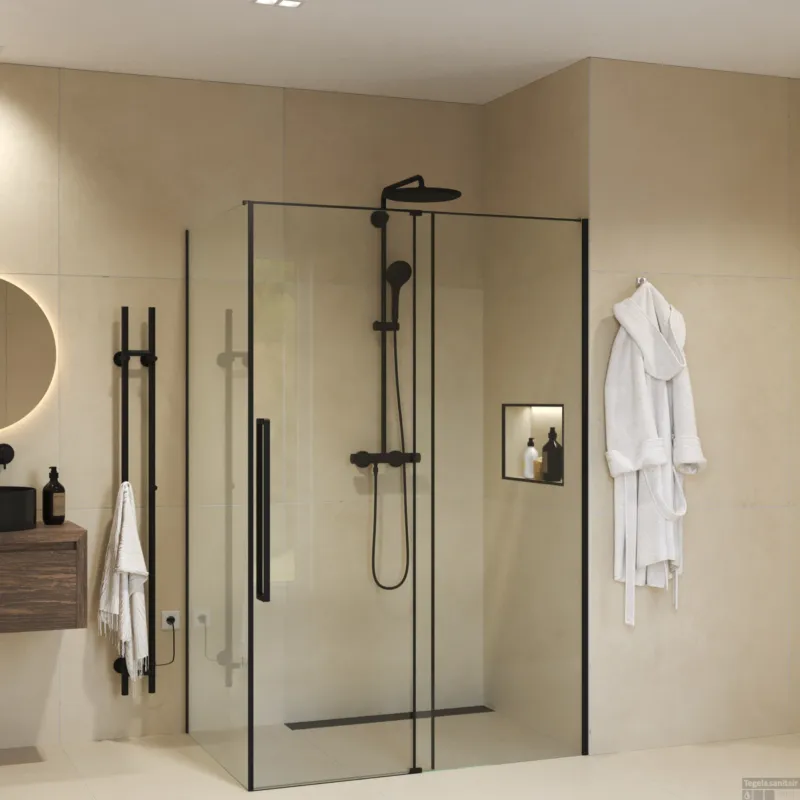 Hete Deal Douchecabine Sanivo Sena Met Vast Paneel Helder Glas Met Montagesets Mat Zwart (Alle Maten)