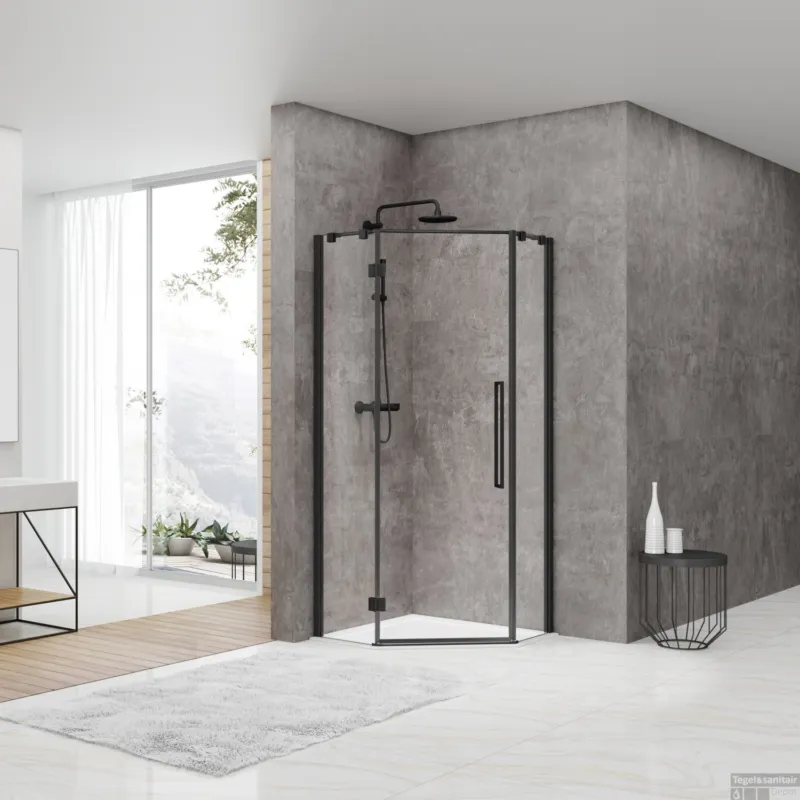 Laatste Kans Douchecabine Van Rijn ST05 Vijfhoek 90x200 cm Met Standaard Deur 70.7 cm Helder Glas 8mm Zwart
