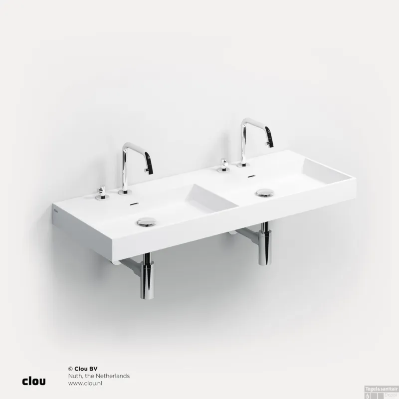 Wastafel Clou Wash Me 110x42x8 cm Solid Surface Mat Wit (met Dubbele Bak) Lage Prijs