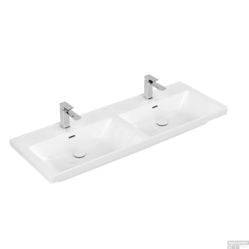 Wastafel Villeroy & Boch Subway 3.0 Dubbele Wasbak Met CeramicPlus 2 Kraangaten Met Overloop 130x47x16.5 cm Wit Alpin Favoriet