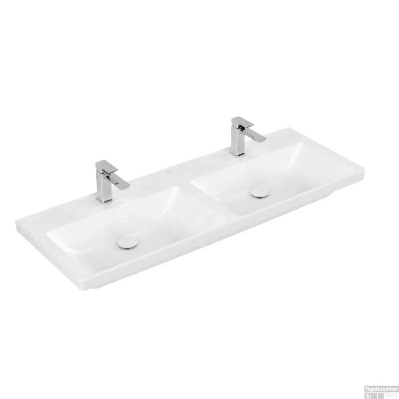 Wastafel Villeroy & Boch Subway 3.0 Dubbele Wasbak Met CeramicPlus 0 Kraangaten Zonder Overloop 130x47x16.5 cm Wit Alpin Seizoensaanbieding