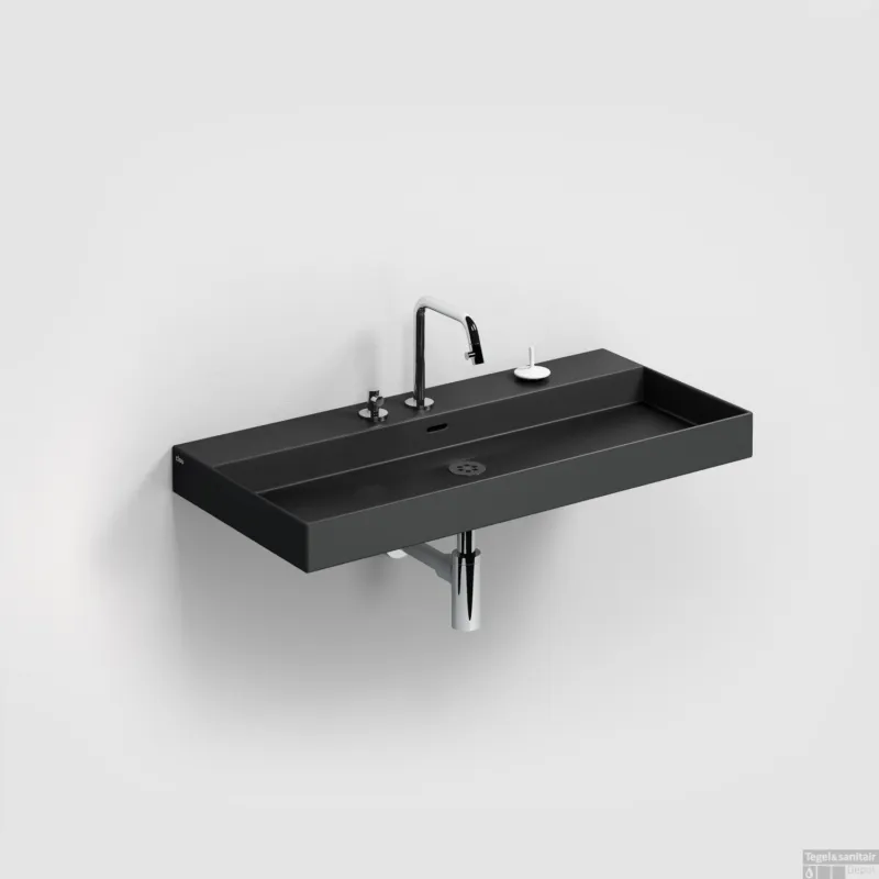 Clou New Wash Me Wastafel 90x42x8cm Met 3 Voorbewerkte Kraangaten Zwart Mat Keramiek Actieprijs