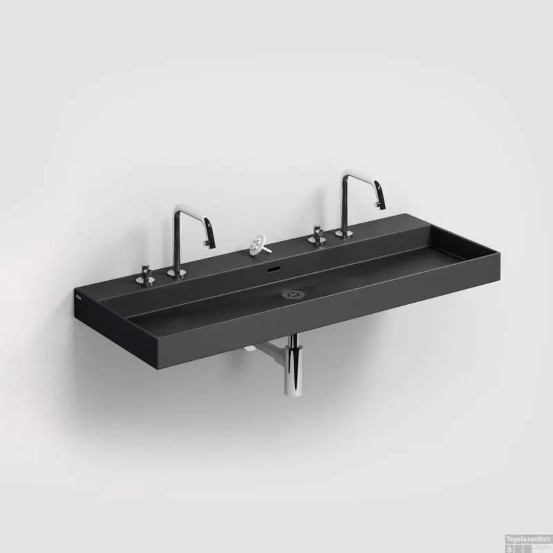 Merkproduct Clou New Wash Me Wastafel 110x42x8cm Met 3 Voorbewerkte Kraangaten Mat Zwart Keramiek