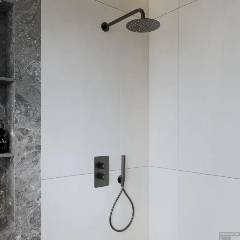 BWS Inbouw Regendouche Colorato 25cm Stortdouche met Handdouche Muuruitloop Gunmetal SET Laatste Versie