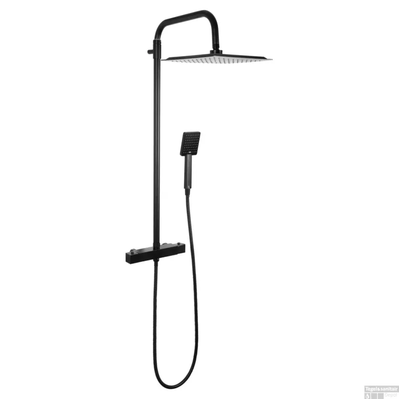 Koop Online Differnz Regendouche Thermoline Vierkant 25x25cm Stortdouche met handdouche Mat Zwart Opbouw