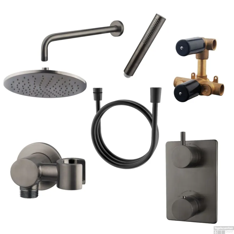 Speciale Aanbieding Wiesbaden Regendouche Caral Rechthoek Muuruitloop Gunmetal PVD Coating Inbouw Incl.Inbouwdelen