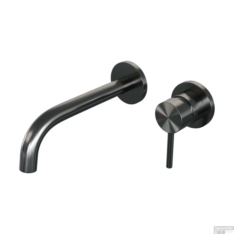 Inbouw Wastafelmengkraan Brauer Gunmetal Edition Coldstart Gebogen Uitloop Ronde Hendel Rechts Geborsteld Gunmetal PVD Met Rozetten Express Levering