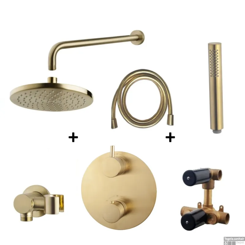 Wiesbaden Inbouw Regendouche Set Caral Rond Muuruitloop Geborsteld Messing Goud PVD Coating Populair