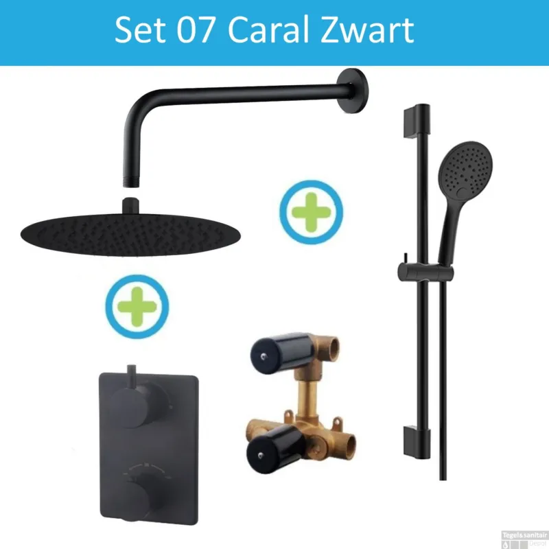 Wiesbaden Inbouw Regendouche Set 07 Caral met Glijstang Mat Zwart Exclusieve Aanbieding