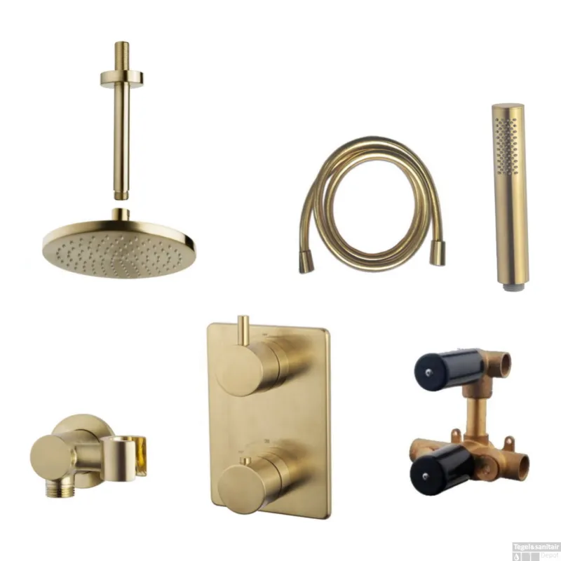 Wiesbaden Inbouw Regendouche Set 13 Caral Rechthoek Plafonduitloop Geborsteld Messing Goud Actieprijs