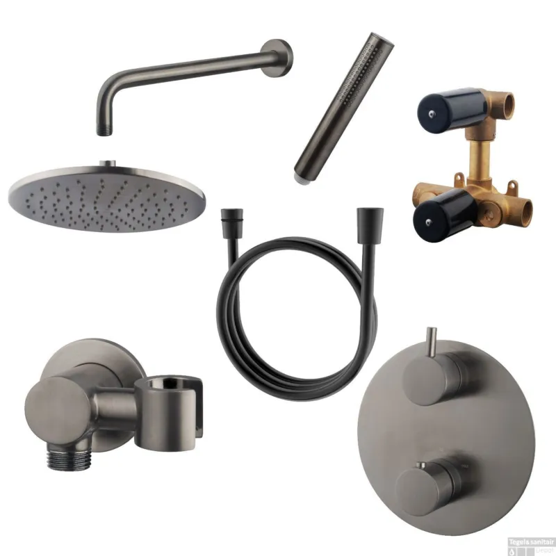 Wiesbaden Inbouw Regendouche Set Caral Rond Muuruitloop Gunmetal PVD Coating Op = Op
