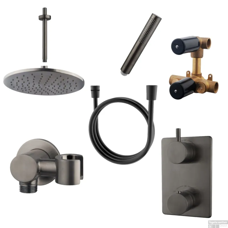 Wiesbaden Inbouw Regendouche Set Caral Rechthoek Plafonduitloop Gunmetal PVD Coating Finale Uitverkoop