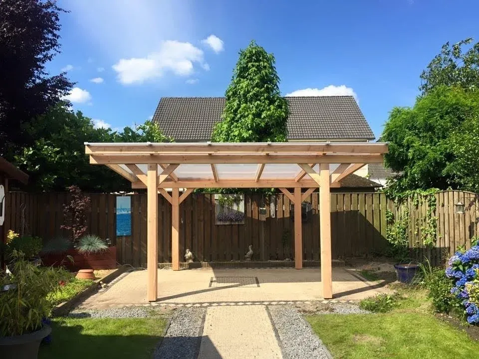 Vrijstaande Veranda Douglas Duplo 120+ polycarbonaatsysteem LT20V 250x506cm - Douglas veranda LT20V 506x250cm Geschaafd Helder- INCLUSIEF BETONPOEREN Korting