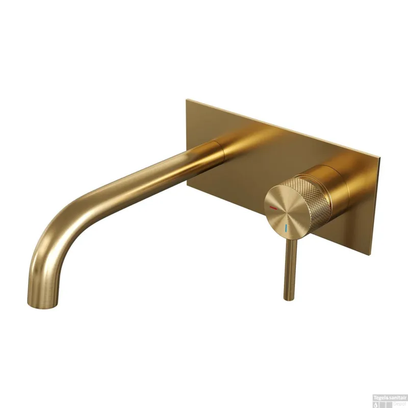 Direct Verzonden Inbouw Wastafelmengkraan Brauer Gold Carving Coldstart Gebogen Uitloop Ronde Hendel Rechts Geborsteld Goud PVD Met Afdekplaat