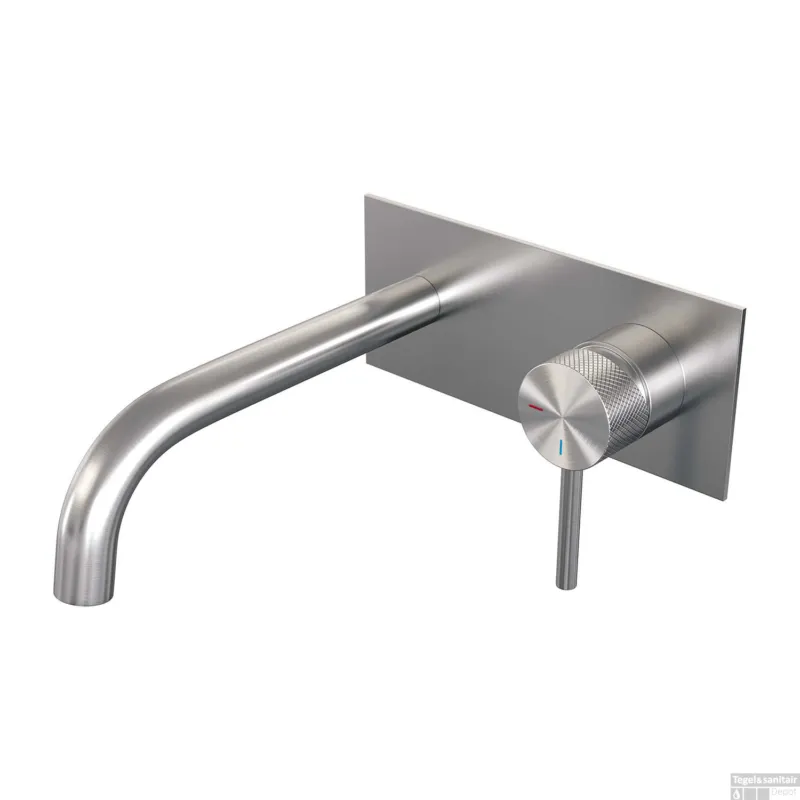 Inbouw Wastafelmengkraan Brauer Brushed Carving Coldstart Gebogen Uitloop Ronde Hendel Rechts Geborsteld RVS PVD Met Afdekplaat Beperkt Aanbod
