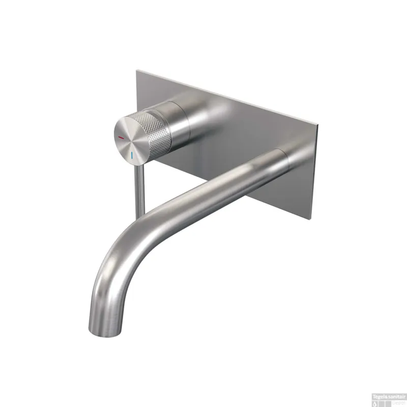 Inbouw Wastafelmengkraan Brauer Brushed Carving Coldstart Gebogen Uitloop Ronde Hendel Links Geborsteld RVS PVD Met Afdekplaat Op = Op