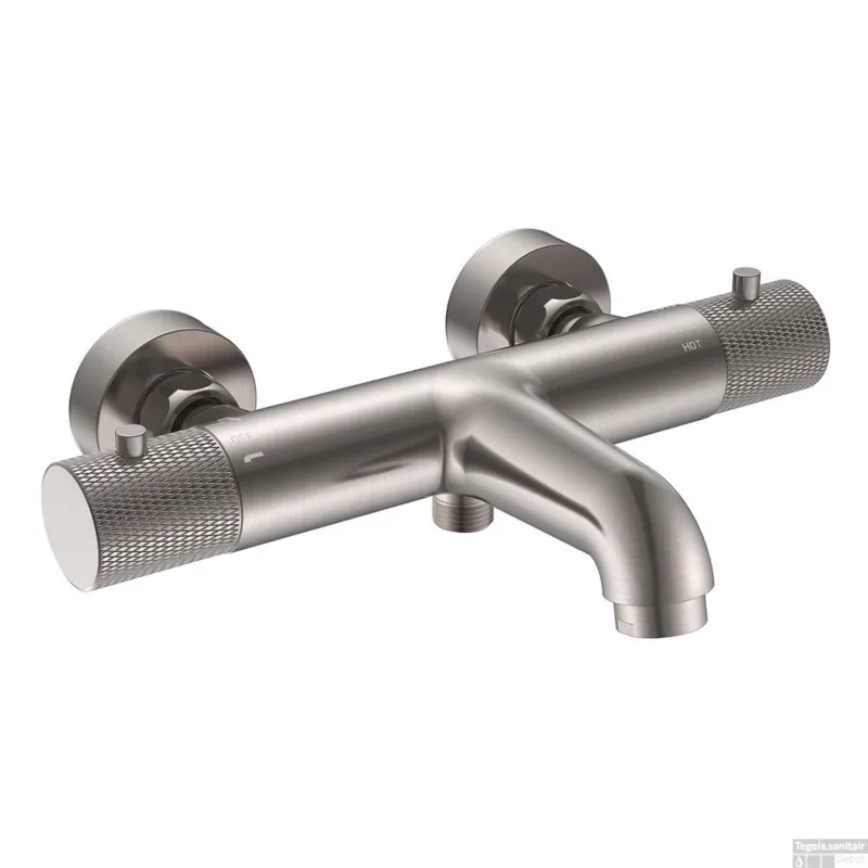 Finale Uitverkoop Badmengkraan Thermostatisch Wiesbaden Ribbd Hartafstand 15 cm Geborsteld Staal