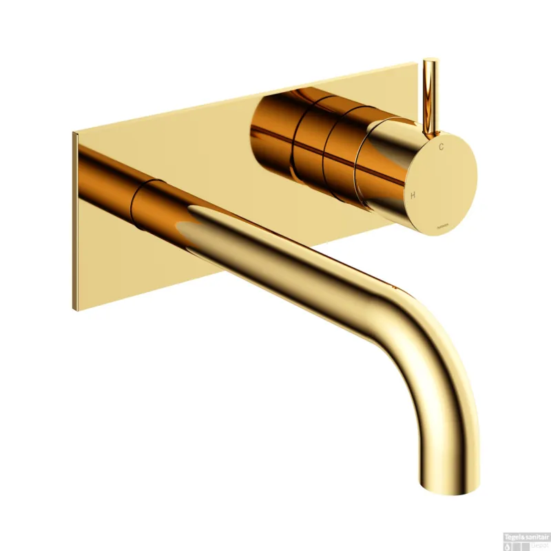 Inbouw Wastafelkraan Met Achterplaat Hotbath Cobber 18cm Gebogen Uitloop 1-Hendel Geborsteld Messing PVD Speciale Aanbieding