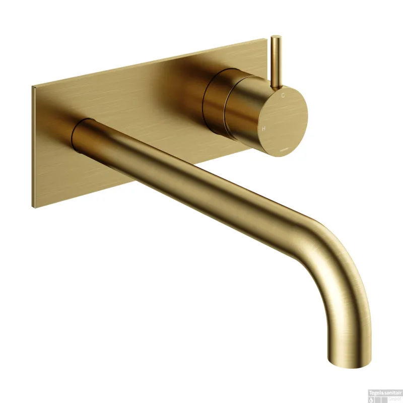 Op = Op Inbouw Wastafelkraan Met Achterplaat Hotbath Cobber 25cm Gebogen Uitloop 1-Hendel Geborsteld Messing PVD