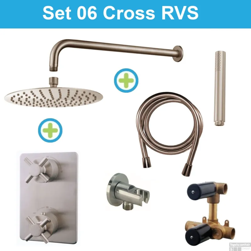 Wiesbaden Inbouw Regendouche Set 06 Cross Muuruitloop Geborsteld Staal Hete Deal