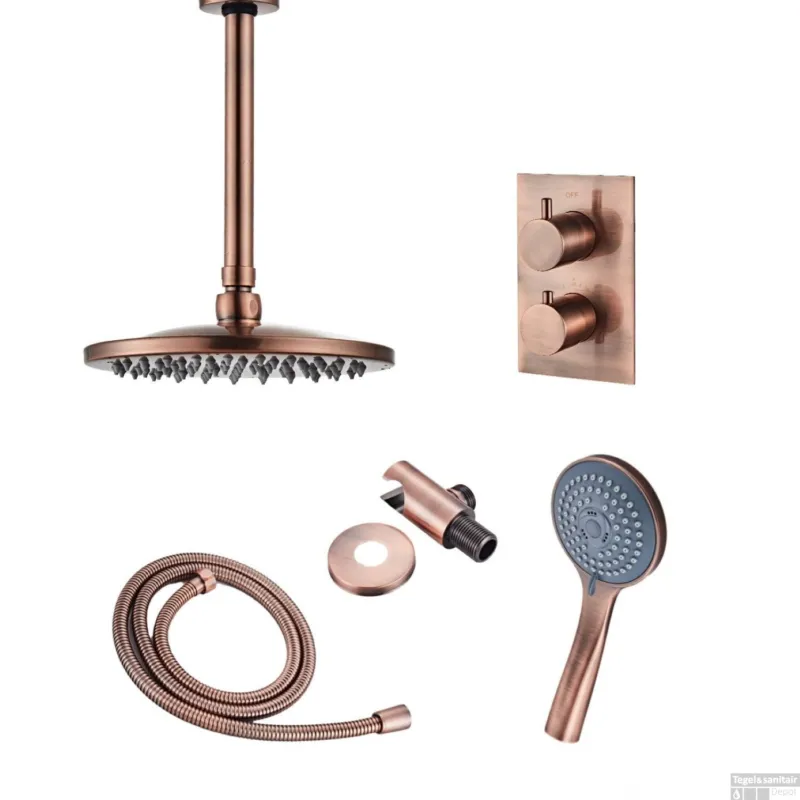 Populair Inbouw Regendouche Set BWS Copper Plafonduitloop en 3 Standen Handdouche Geborsteld Koper 30 cm