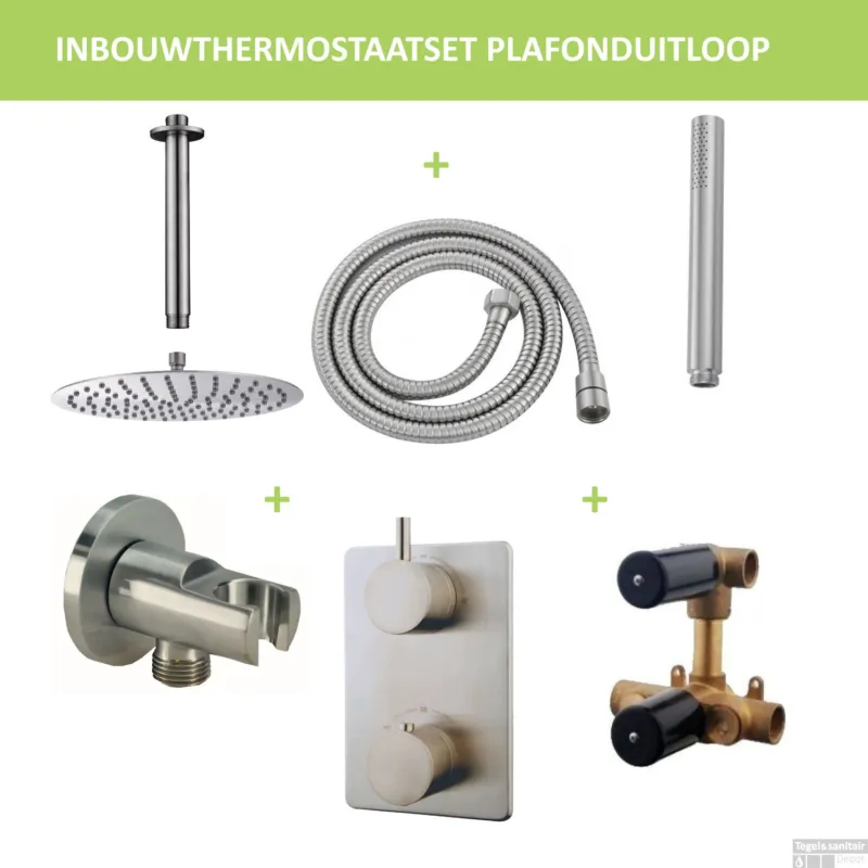 Thermostatisch Inbouwdoucheset BWS Plafonduitloop Rond 30 cm Geborsteld RVS Gratis Retour