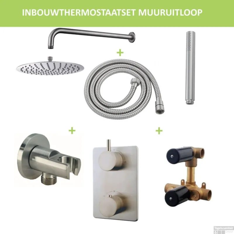 Lage Kosten Thermostatisch Inbouwdoucheset BWS Muuruitloop Rond 20 cm Geborsteld RVS