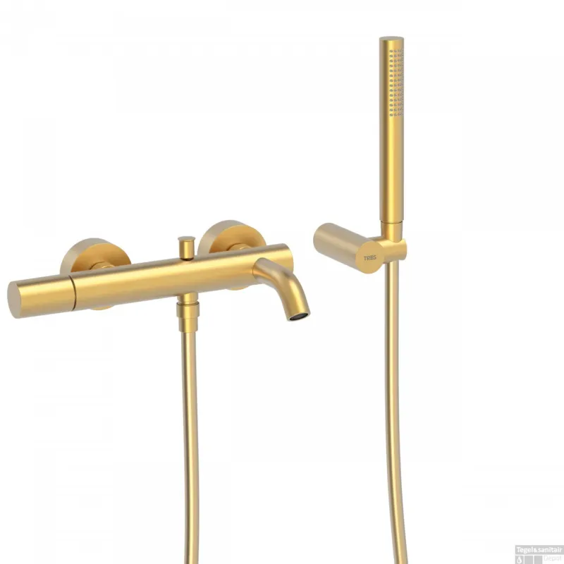 Badmengkraan Tres Study Exclusive Rond met Omstel en Handdoucheset met Staafhanddouche Mat Goud Express Levering