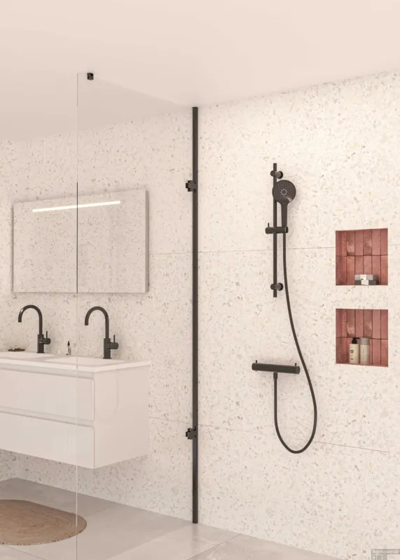 Koop Online Doucheset MAY Opbouw met Thermostaat, Incl. Glijstang, Doucheslang 150 cm & 3-Standen Handdouche Geborsteld Carbon Black PVD