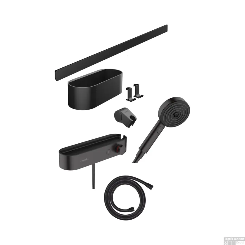 Bundelset Handdouche HansGrohe WallStoris Thermostaat Glijstang en Opbergset Mat Zwart Speciale Aanbieding