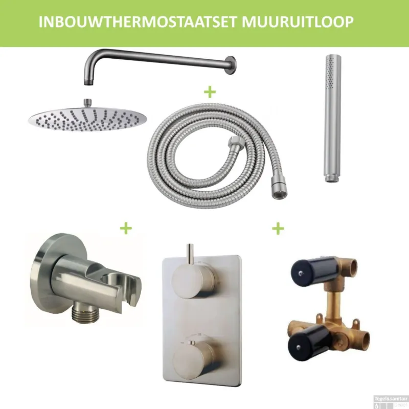 Betaalbaar Thermostatisch Inbouwdoucheset BWS Muuruitloop Rond 30 cm Geborsteld RVS