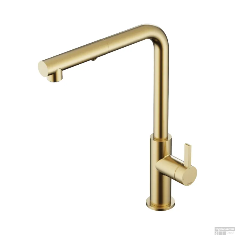 Keukenmengkraan Hotbath Ace Met Draaibare Uitloop En Uittrekbare Duo-Spray Handdouche Geborsteld Messing PVD Populair