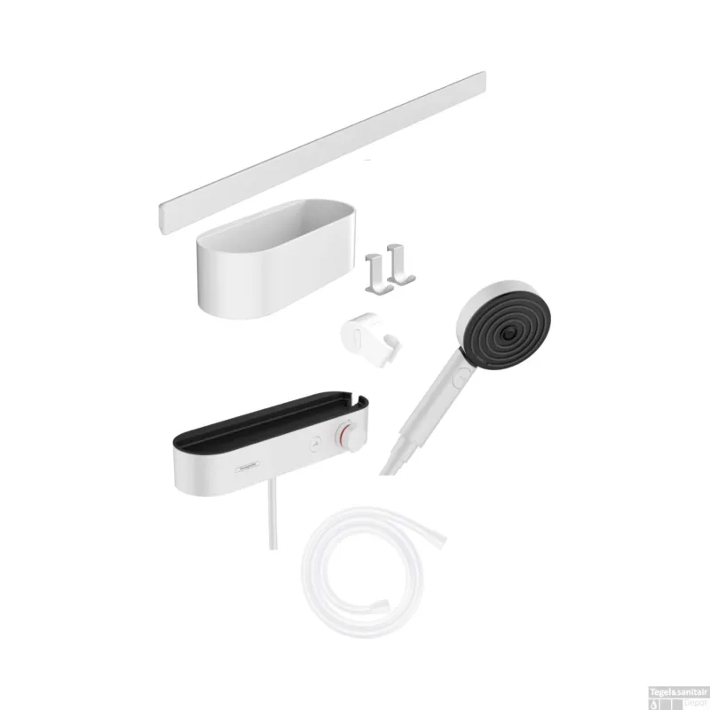 Actieprijs Bundelset Handdouche HansGrohe WallStoris Thermostaat Glijstang en Opbergset Mat Wit