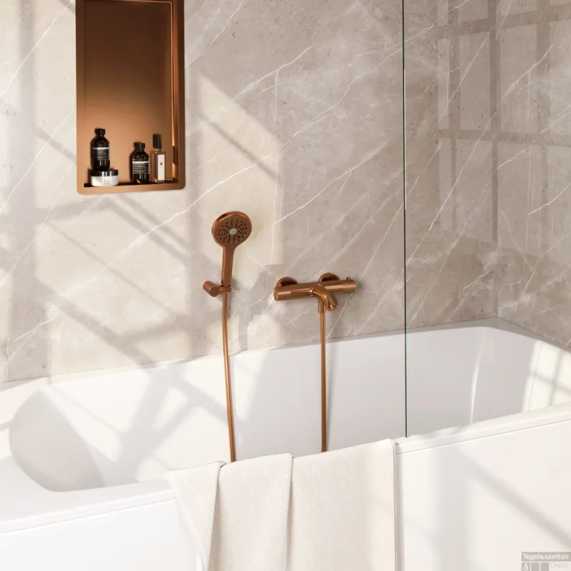 Opbouwset Bad- en Douchekraan Brauer Copper Carving Thermostatisch Met Wandhouder En Handdouche 3 Standen Geborsteld Koper Finale Uitverkoop