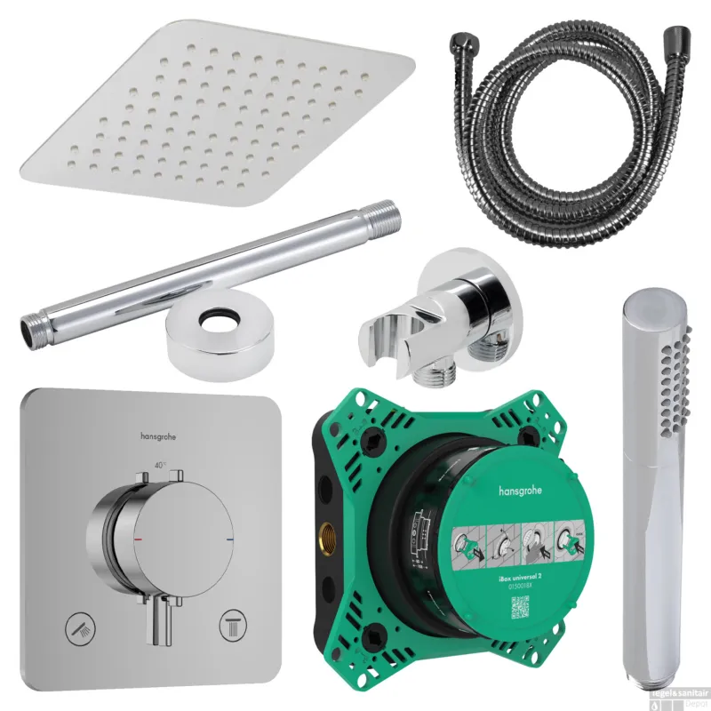 Dagaanbieding Regendouche Inbouw Hansgrohe Ecostat Plafonduitloop met Handdouche en Hoofddouche 20 cm Thermostaat Vierkant Afgerond Chroom