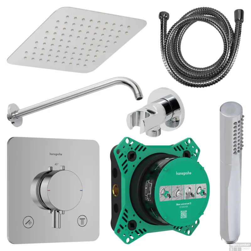 Regendouche Inbouw Hansgrohe Ecostat Wanduitloop met Handdouche en Hoofddouche 20 cm Thermostaat Vierkant Afgerond Chroom Populair