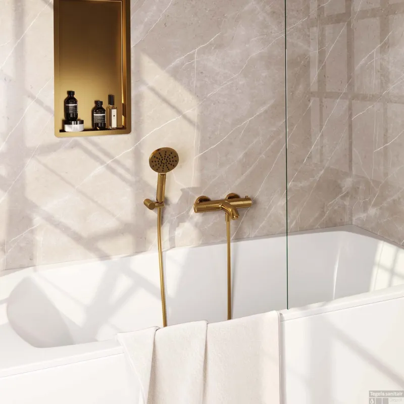 Bestel Nu Opbouwset Bad- en Douchekraan Brauer Gold Edition Thermostatisch Met Wandhouder En Handdouche 3 Standen Geborsteld Goud