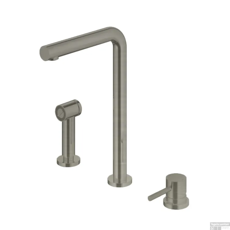 Aanbieding Keukenmengkraan Hotbath Fellow 3-gats Draaibare Uitloop en Uitneembare Handdouche Geborsteld Nikkel