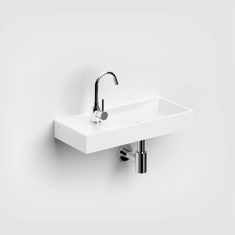 Clou - Mini Wash Me Plus Fontein 56cm, Met Voorbewerkt Kraangat Links, Glanzend Wit Mineral Marmer Merkproduct