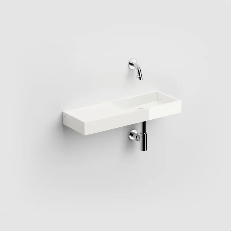 Clou - Mini Wash Me Fontein 56cm, Met Voorbewerkt Kraangat Links, Glanzend Wit Mineral Marmer Betaalbaar